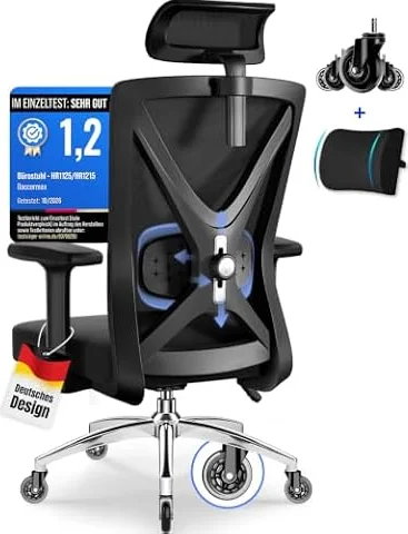 Daccormax Bürostuhl, Bürostuhl Ergonomisch Schreibtischstuhl mit Verstellbaren Armlehnen, weiche Lendenstütze aus Naturschwamm und Kopfstütze, Chefsessel Drehstuhl Wippfunktion 200kg, Tiefschwarz