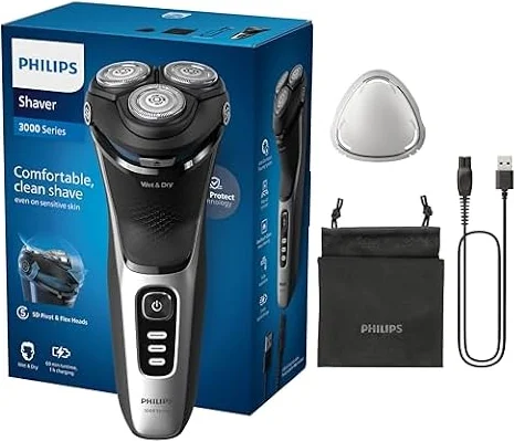 Philips Rasierer Series 3000 – Elektrischer Nass- und Trockenrasierer für Herren in Schwarz, mit SkinProtect-Technologie, ausklappbarem Bartschneider und Reisetasche, kabellos (Modell S3241/12)