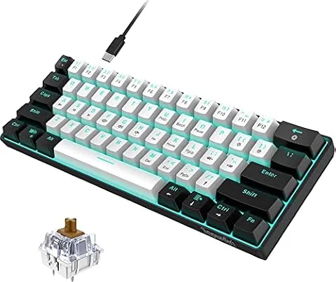 Snpurdiri 60% kabelgebundene mechanische Gaming-Tastatur, 61 Anti-Ghosting-Tasten, Blaue LED-Hintergrundbeleuchtung, ultrakompakte Zwei Ständer(Braune Schalter/Schwarz Weiß)