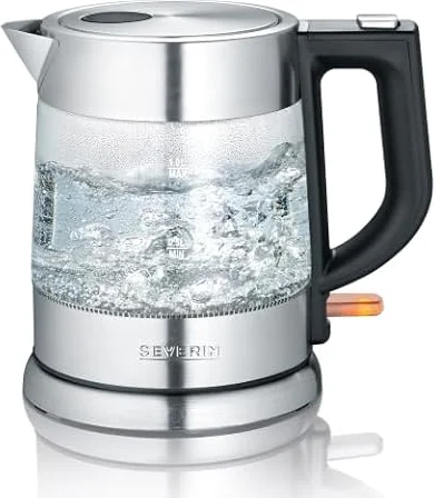 Severin Glas-Wasserkocher, 1 L, Kalkfilter, 1-Hand-Bedienung, 2200W | Klappdeckel mit großer Öffnung, integrierter Fingerschutz am Deckel, Überhitzungsschutz, elektrisch, Edelstahl, schwarz, 3468
