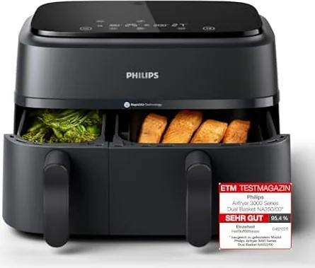 Philips Airfryer Dual Basket 3000 Serie Heißluftfritteuse, Schwarz, 9 L | 2 Körbe, RapidAir Plus Technologie, Touchscreen, 12 Kochfunktionen, HomeID App (NA350/00)