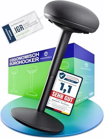 Wohnperle Bürohocker ergonomisch [Zertifiziert] 2in1 Sitzhocker & Stehhocker höhenverstellbar | Ergonomischer Hocker Schwarz für Büro und Schreibtisch - Wackelhocker + Pendelhocker mit Schwingeffekt