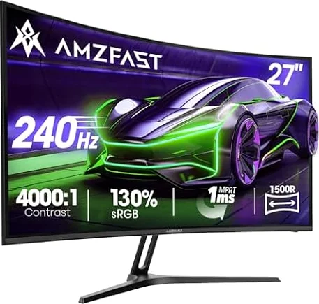 Amzfast 27 Zoll Curved Gaming Monitor 240Hz, 1920x1080 FHD, VA Curved 1500R, 1ms MPRT, Adaptive Sync, 4000:1 Kontrast, 95% DCI-P3, 130% sRGB, HDR, HDMI 2.0&DP 1.4, VESA 100x100mm, AMZG27C1 Pro
