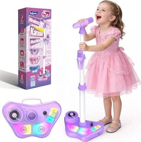 Karaoke Maschine Kinder mit 2 Mikrofon Kinder, Mädchen Geschenke Spielzeug | Karaoke Mikrofon Set mit 5 Toneffekten, LED-Lichtern & Verstellbarer Mikrofon Ständer, Geschenk Spielzeug Mädchen 3-12 Jahre