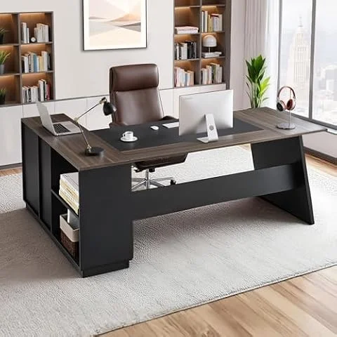 VEVOR L-förmiger Chefschreibtisch moderner Bürotisch mit Schubladen & Lagerschrank, robuster Schreibtisch aus Holz, 158,7 kg Tragkraft, Computertisch für Arbeit Studium Schreiben, Braun+Schwarz