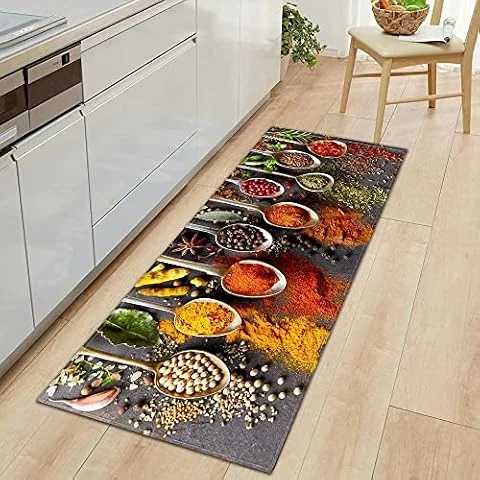 KINGGOO Küchenteppiche Geschirr & Gewürze 60 x 180cm Waschbar Küchenmatte Küchenteppich Badematten rutschfeste Teppich