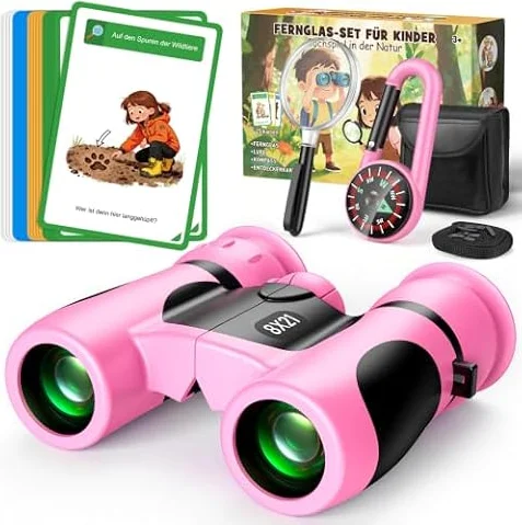 Fernglas für Kinder 8x21 mit Lupe, Kompass & Entdeckerkarten - Rosa | Geschenk Mädchen 3-10 Jahre, Outdoor Spielzeug, Spiele ab 4, 5, 6, 7, 8 Jahre - Outdoor Schatzsuche und Natur Entdecker Set
