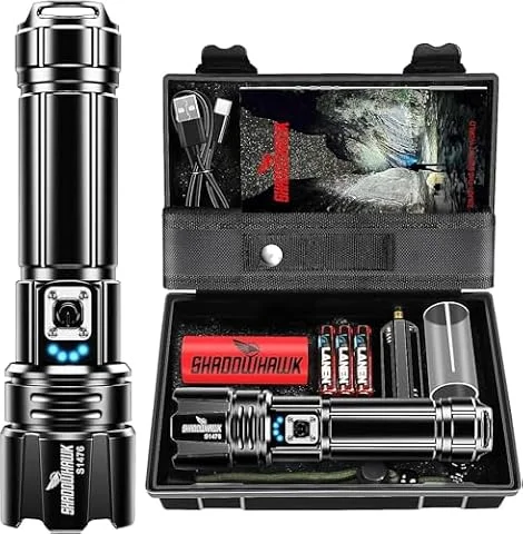 Shadowhawk Taschenlampe Led 500,000 Lumen, Extrem Hell Taschenlampe USB Aufladbar Taktische Taschenlampen Mit holster XHP70.2, IP67 Wasserdicht 5 Lichtmodi für Camping Wandern Notfälle