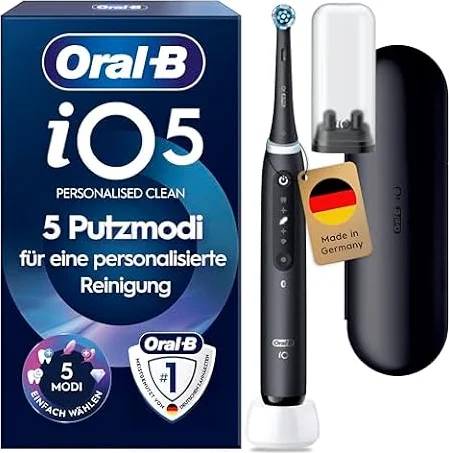 Oral-B iO Series 5 Elektrische Zahnbürste, Schwarz | Inkl. 1 Aufsteckbürste, Reise-Etui, Electric Toothbrush mit 5 Putzmodi für Zahnpflege