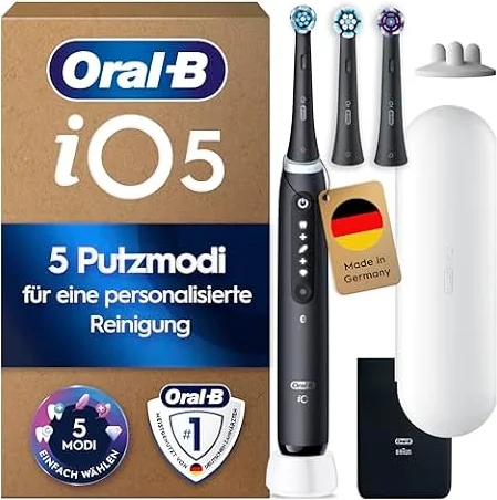 Oral-B iO Series 5 Elektrische Zahnbürste, Schwarz | Inkl. 3 Aufsteckbürsten, Reise-Etui, Electric Toothbrush mit 5 Putzmodi für Zahnpflege