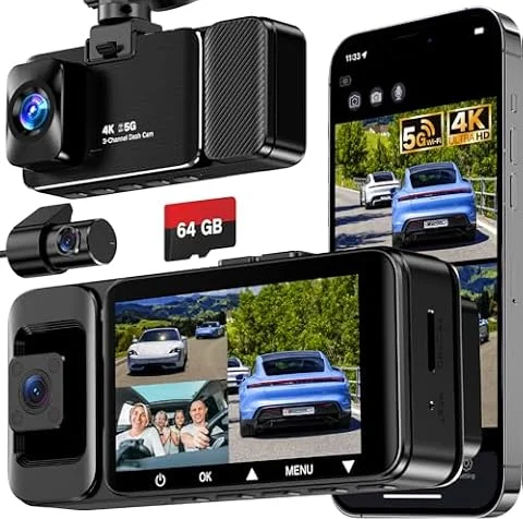 Dashcam 3 Kanal, Dashcam Auto Vorne Hinten Innen 170°/150°/150° Weitwinkel-Sichtfeld, 4K Dash Cam mit Kostenloser 64-GB-Speicherkarte, Nachtsicht, G-Sensor, Loop-Aufnahme, 24H Parküberwachung