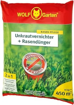 WOLF-Garten 2-in-1: Unkrautvernichter + Rasendünger SQ 450 (Rasendünger und Unkrautvernichter, wirkt über Blätter und Wurzeln, Wirkung bis zu 100 Tagen, ausreichend bis 450 m2) 3840746