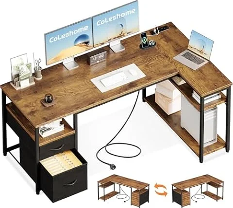 Coleshome Gaming Eckschreibtisch mit 2 Schubladen, 160×80 cm, Braun | L-Förmiger Gaming Tisch mit Stauraum & Regal, Schreibtisch mit Steckdose & USB, Reversibel, für Schlafzimmer & Wohnzimmer