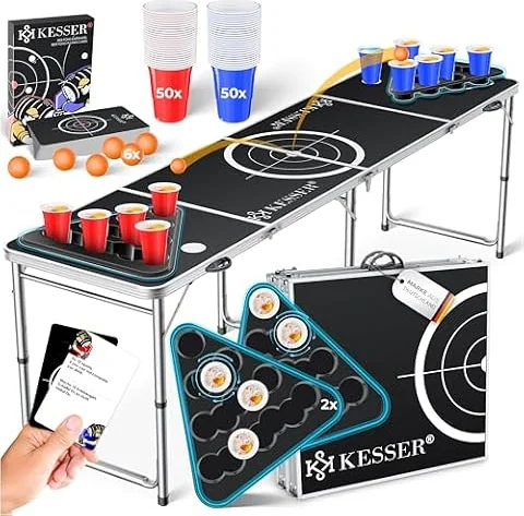 KESSER® Bier Pong Tisch Set mit Kartenspiel, Table Höhenverstellbar & Klappbar, Trinkspiel inkl. 100 Becher (50 Rot & 50 Blau), 6 Bälle & Regelwerk, Partyspiel, 2X Becherablagen, Beer Pong