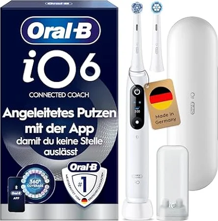 Oral-B iO Series 6 Elektrische Zahnbürste, Weiß | Inkl. 2 Aufsteckbürsten, Reise-Etui, Electric Toothbrush mit 5 Putzmodi für Zahnpflege