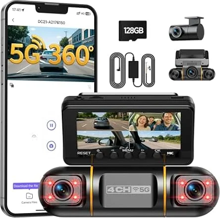 LAMTTO 4 Kanal Dashcam Auto Vorne Hinten Innen, 5GHz WiFi 360 Grad Dashcam Auto Kamera mit 128GB SD Karte, 3.16" IPS-Bildschirm, Nachtsicht IR, 24/7 Parküberwachung mit Hardwire-Kit