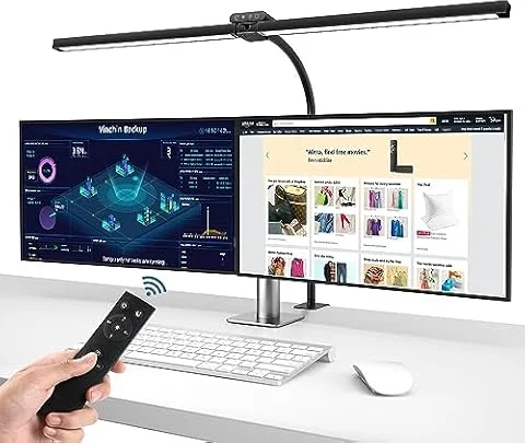 brightower Doppelkopf Schreibtischlampe LED Dimmbar, 24W 80CM Schreibtischlampe klemmbar für Homeoffice, Augenschutz Tageslichtlampe mit Fernbedienungen, Schwanenhals Büro Tischlampe 5 Farbmodi