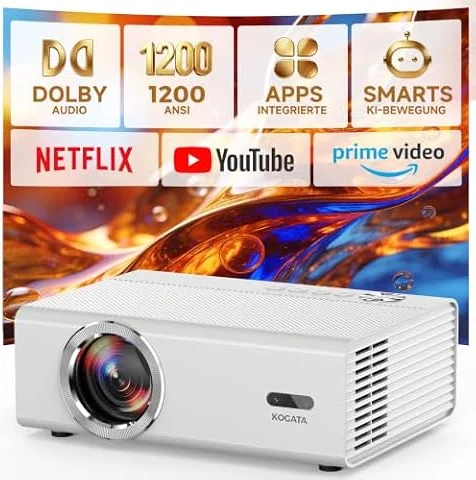 4K Smart Beamer mit WLAN & Bluetooth, KOGATA Projektor mit Autofokus, 6D Keystone, HDR10+ | Kompatibel mit Netflix-App & Dolby Audio | Heimkino Beamer für Garten & Streaming ohne TV-Stick