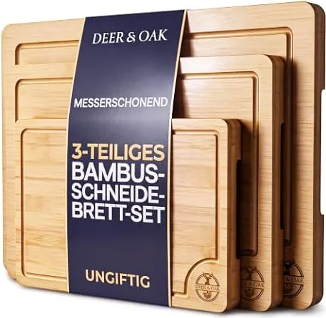 Deer & Oak Schneidebrett Holz Bambus Set 3-teilig, vorgeölt mit Saftrille | Mit Griff · Küchenbrett