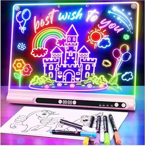 Geokay LED Zeichenbrett 16 Zoll, wiederaufladbare LED Maltafel, 9 Lichtmodi mit Timer & Ständer, Geschenk für Mädchen & Jungen 4–12 Jahre, Zeichentafel mit 8 Stiften & Vorlagenbuch, Rosa