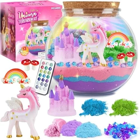 Einhorn Terrarium Set Kinder，Geburtstagsgeschenk Mädchen 4-12 Jahre | DIY-Bastelset und Spielzeug, leuchtendes Einhörner-Nachtlicht, Geschenk zu Weihnachten, 4 5 6 7 8 9 10 11 12 Jahre