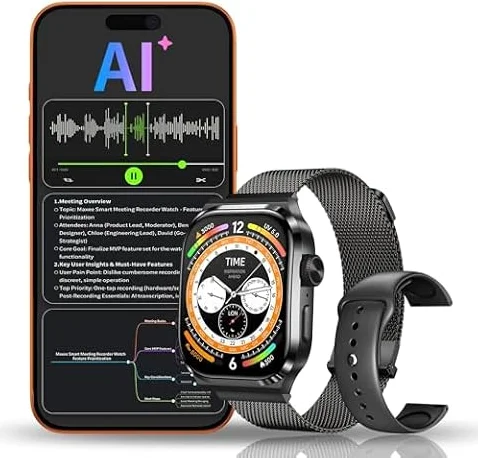 AI Smart Watch with Voice Recorder, Transcribe & Summarize with AI for Meetings, App Control, Supports 135 Languages,2.13" AMOLED Display, Health, Fitness & Sleep Tracker, 80+ Workout Modes, Black-1