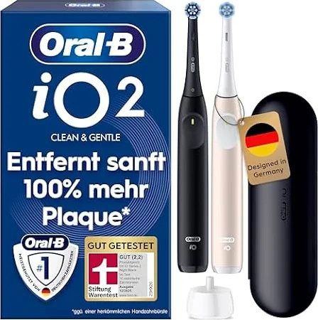 Oral-B iO Series 2 Elektrische Zahnbürste, Doppelpack, Schwarz/Pink | Inkl. 2 Aufsteckbürsten, Reise-Etui, GUT GETESTET von STIFTUNG WARENTEST, Electric Toothbrush mit 3 Putzmodi für Zahnpflege