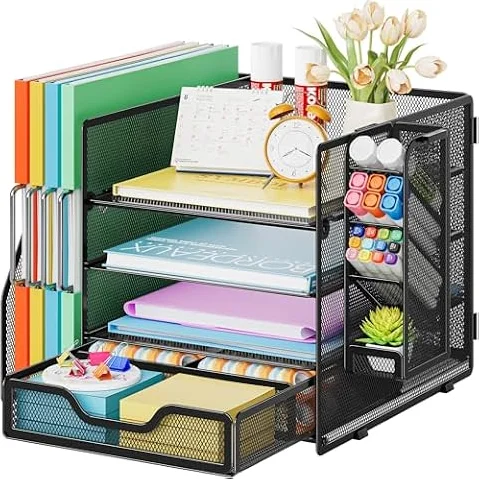Marbrasse 4-Tire Schreibtisch Organizer mit Aktenhalter, Mesh Schreibtisch Dokumentenablage mit Stiftehalter und Schublade, Büro Organizer Aufbewahrung für Schreibtisch Zubehör & Ablage (Schwarz)