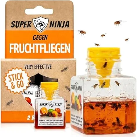 Super Ninja Fruchtfliegenfalle für Innenbereich, Obstfliegenfalle 2er-Pack | Wirksame Fliegenfalle für Fruchtfliegen, für Haushalt & Küche, sicher für Kinder & Haustiere, 3 Wochen Wirkung pro Flasche