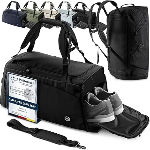 bemaxx Sporttasche Trainingstasche Herren & Damen mit Schuhfach & Nassfach | Reisetasche Fitnesstasche Schwimmtasche Umhängetasche Handgepäck Weekender Bag, Schwarz - Pro mit Rucksackfunktion, 40 L