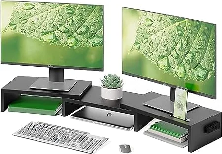 BONTEC Monitorständer Holz für 2 Monitore, verstellbare Länge und Winkel | Dual Monitor Stand Riser mit Handyhalter, Länge und Schwenkwinkel flexibel einstellbar, ergonomisch für Büro und Heimarbeit