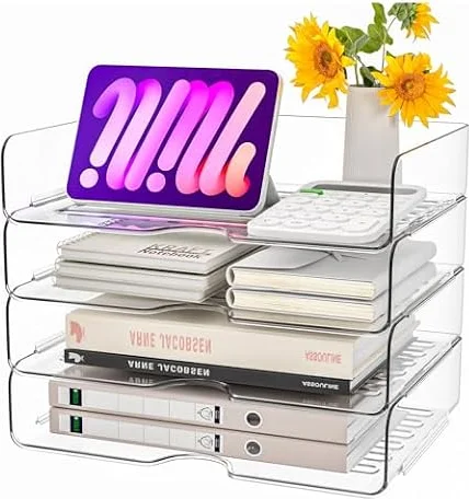 4 Stück Acryl Briefablage, Premium, Transparent, Ablagefächer Stapelbar | Schreibtisch Organizer, Büro Organizer – Dokumentenablage, A4-Papier, Briefe, Rechnungen, iPad – Großes Fassungsvermögen