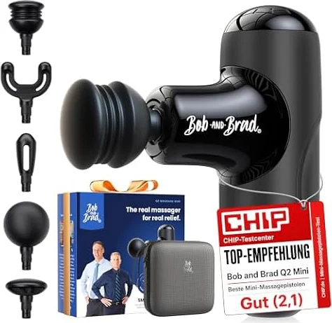 BOB AND BRAD Q2 Mini Massagepistole, Tiefengewebe Percussion Massagegerät | Massage Pistole mit 5 Aufsätzen & Koffer, Handmassagegeräte für Rücken & Schulter, Ultra-Leise, Ideal für Büro & Sport