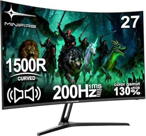 Minifire Gaming Monitor 27 Zoll Curved 200Hz,1920x1080 FHD,Adaptive Sync | 1ms Reaktionszeit, Schnell Panel mit 130% sRGB, Lautsprecher Integriert für PS5/PC Gaming, Inklusive HDMI-Kabel, MFG27C1