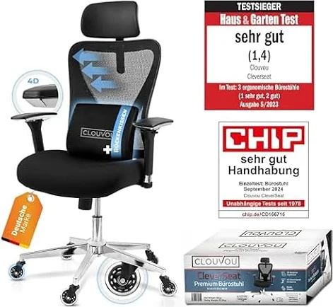 CLOUVOU CleverSeat Bürostuhl Ergonomisch Homeoffice | Schreibtischstuhl 150kg Ergonomic Office Chair & Gaming Stuhl Stoff Computerstuhl Atmungsaktiv | Nacken & Rücken Support