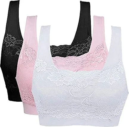 Vertvie Womens Strech Ohne Buegel Push up Yoga Sports BH Bra Top Set Fuer Fitnesstraining Polsterung 3er Pack (EU L/Tag XL, Schwarz+Rosa+Weiß)