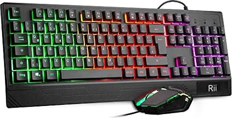 Rii Gaming Tastatur und Maus Set, Maus und Tastatur, RGB Hintergrundbeleuchtung QWERTZ (DE-Layout), Regenbogen Farben Beleuchtete USB Wasserdicht Tastatur und Maus mit 3200 für Pro PC Gamer