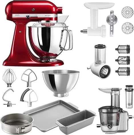 KitchenAid Artisan Küchenmaschine, 4,8 Liter, inkl. Zubehör, Fleischwolf, Gemüseschneider, Entsafter-Vorsatz, Backset 2 Backformen 1 Backblech Mega-Winter-Set